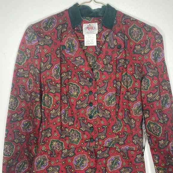 Vintage 80s Lanz Original Dress Paisley Maroon Green Midi Peplum New Sz 8 Cotton